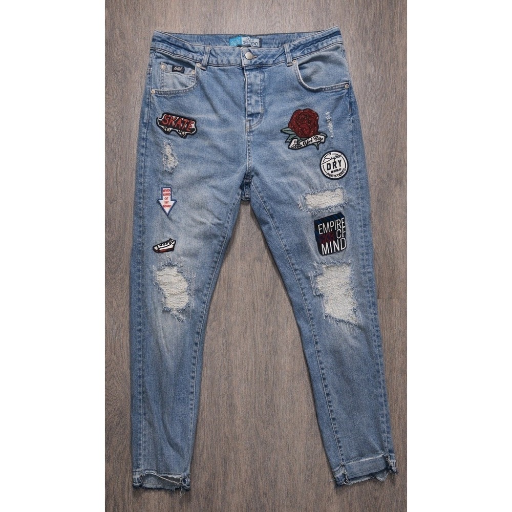 SuperDry Riley Girlfriend Jeans Womens 32x30 Blue Distressed Skater Patch Frayed